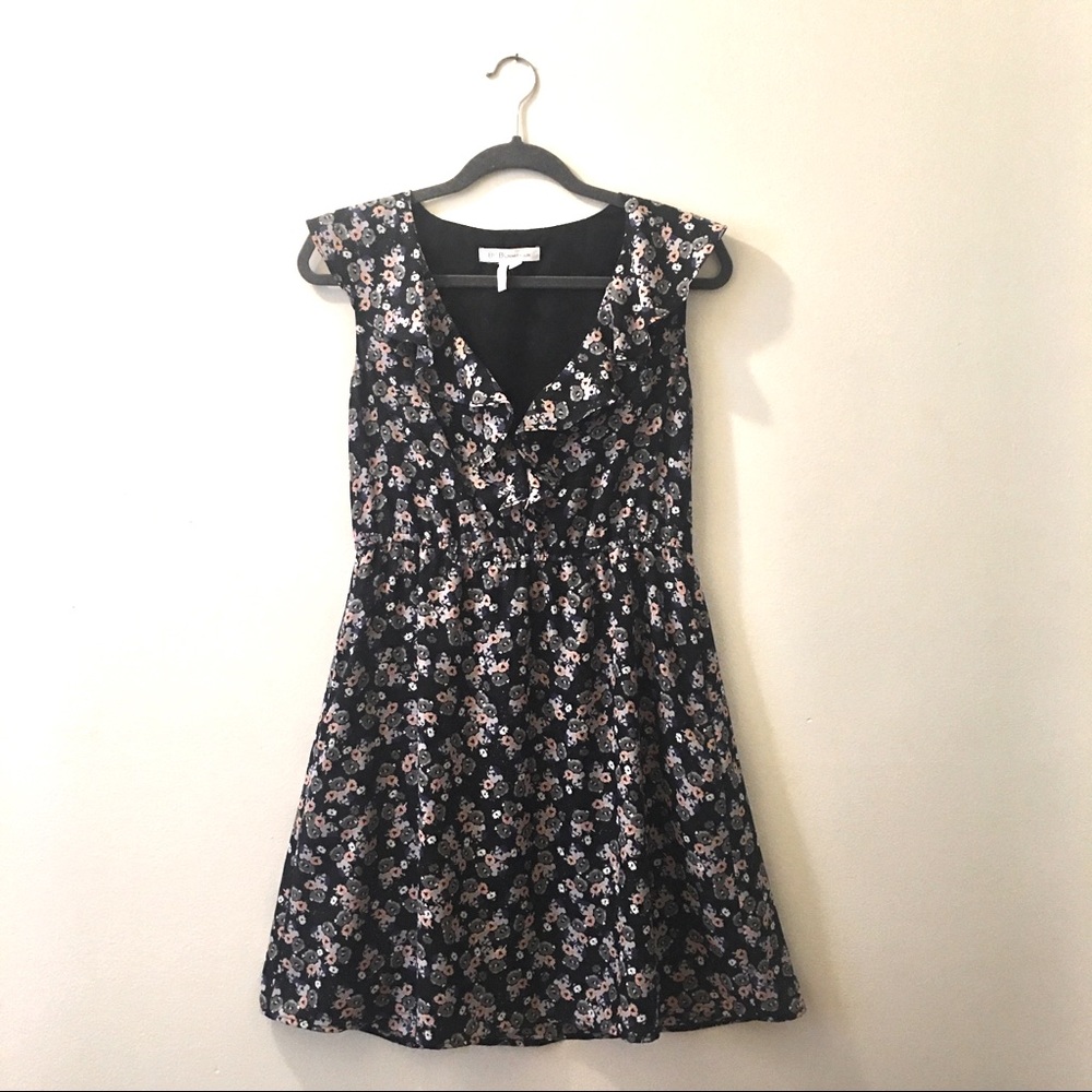 BCBGeneration Black Floral Ruffle Dress MEDIUM